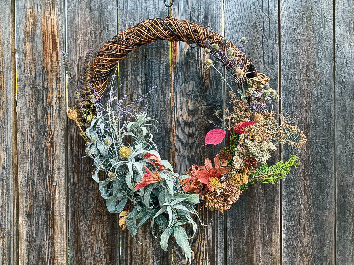 Grape vine wreath bases pair well with foraged garden plant materials for an artistic touch