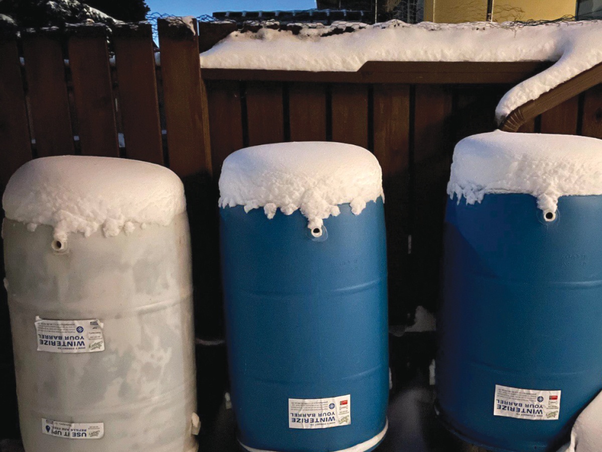 Rain barrels in winter